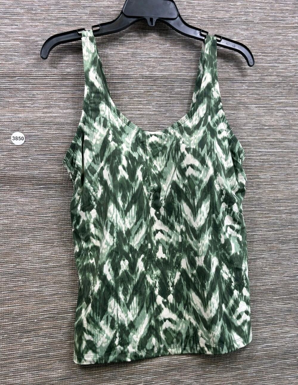 Duluth Trading Tankini Swim Top Khaki Green Tan Ikat Design Size 12